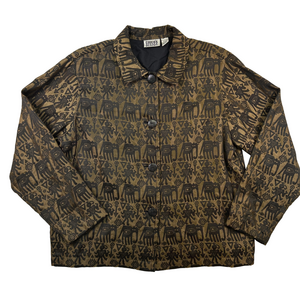 Chico's Design Jacket Womens Medium Brown Black Elephant Print Silk Blend